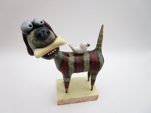 Summer folk art DOG with visiting bird friend