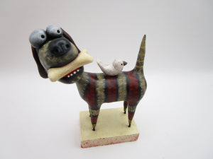 Summer folk art DOG with visiting bird friend