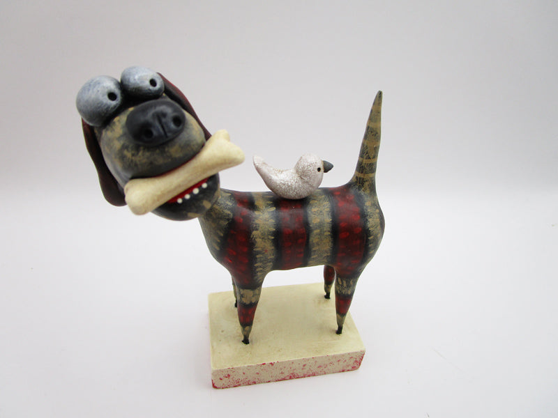 Summer folk art DOG with visiting bird friend