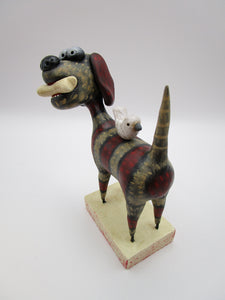 Summer folk art DOG with visiting bird friend