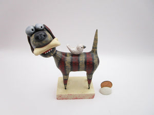 Summer folk art DOG with visiting bird friend