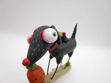 Halloween folk art black dog and crow on driftwood with pumpkins