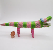 Summer folk art Alligator with dots and stripes pink and lime green misc