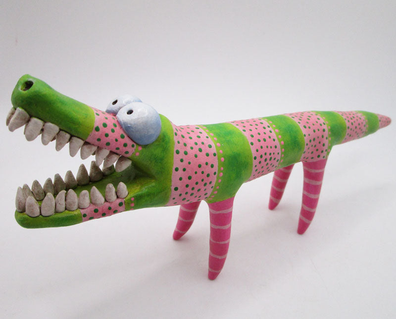 Summer folk art Alligator with dots and stripes pink and lime green misc