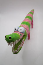 Summer folk art Alligator with dots and stripes pink and lime green misc