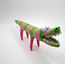 Summer folk art Alligator with dots and stripes pink and lime green misc