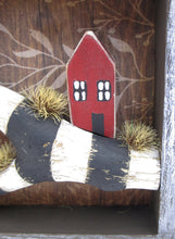 Collage style 5 x 5 wood frame with driftwood piece and two wooden houses misc