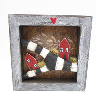 Collage style 5 x 5 wood frame with driftwood piece and two wooden houses misc