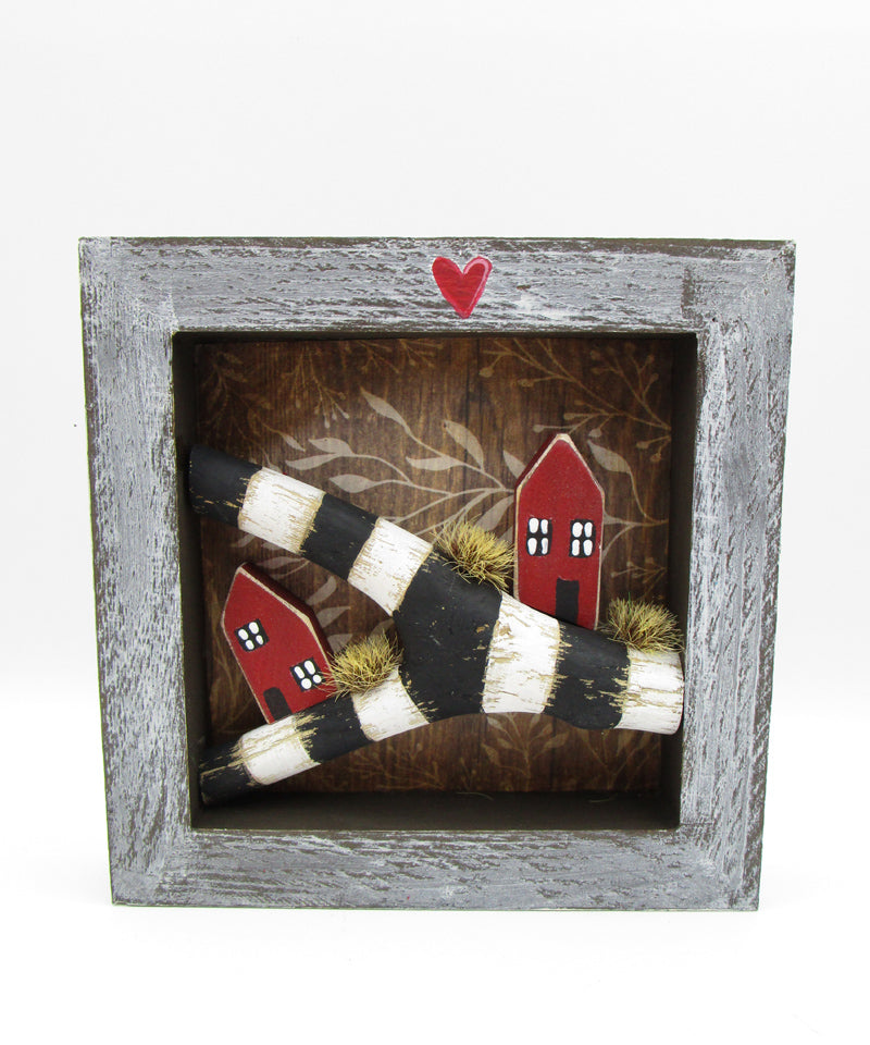 Collage style 5 x 5 wood frame with driftwood piece and two wooden houses misc