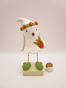 Halloween folk art ghost with floral headband and fall bouquet