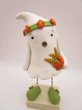 Halloween folk art ghost with floral headband and fall bouquet