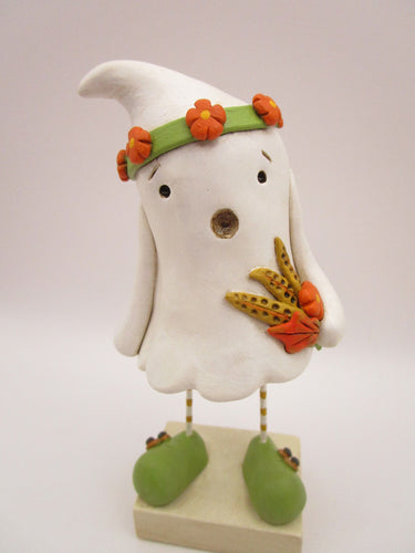Halloween folk art ghost with floral headband and fall bouquet