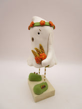 Halloween folk art ghost with floral headband and fall bouquet