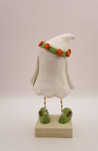 Halloween folk art ghost with floral headband and fall bouquet