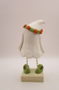 Halloween folk art ghost with floral headband and fall bouquet