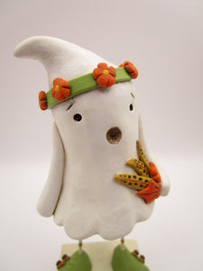 Halloween folk art ghost with floral headband and fall bouquet
