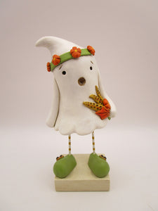 Halloween folk art ghost with floral headband and fall bouquet