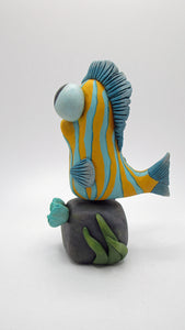 Colorful FISH on rock with coral looking accents and seaweed FUN wacky character!