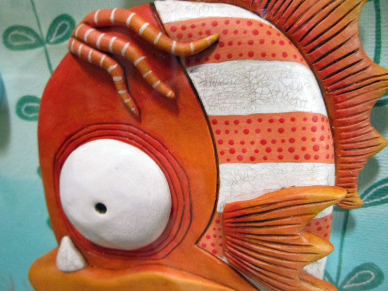 Sculpted FISH in shadow box with ocean scenery SUMMER folk art – pumpkinseeds folk art by janell berryman