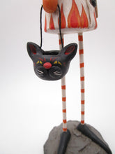 Halloween tall FLAME character with match stick and black cat bucket