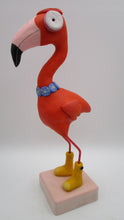 Spring folk art FLAMINGO bird wearing yellow rain boots