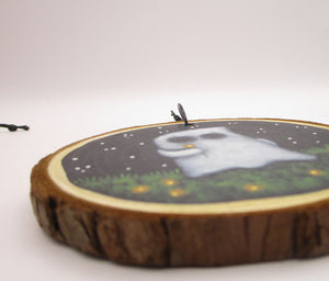 Halloween ghost in field of orange flowers wood painted ornament or for wall