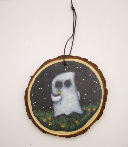 Halloween ghost in field of orange flowers wood painted ornament or for wall