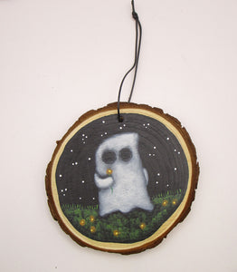 Halloween ghost in field of orange flowers wood painted ornament or for wall