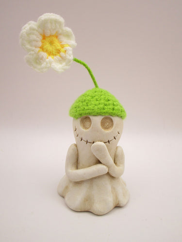 Halloween folk art skelly ghost with knitted flower hat