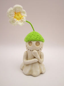 Halloween folk art skelly ghost with knitted flower hat