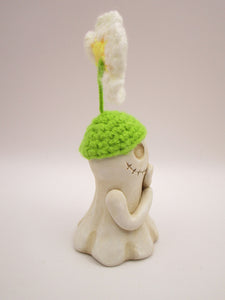 Halloween folk art skelly ghost with knitted flower hat