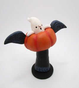 Halloween folk art flying pumpkin with ghost rider "SPOOKY"