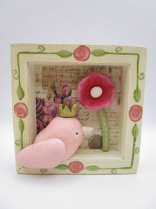 Spring folk art Easter folk art wood frame clay bird and flower pinks greens and cream