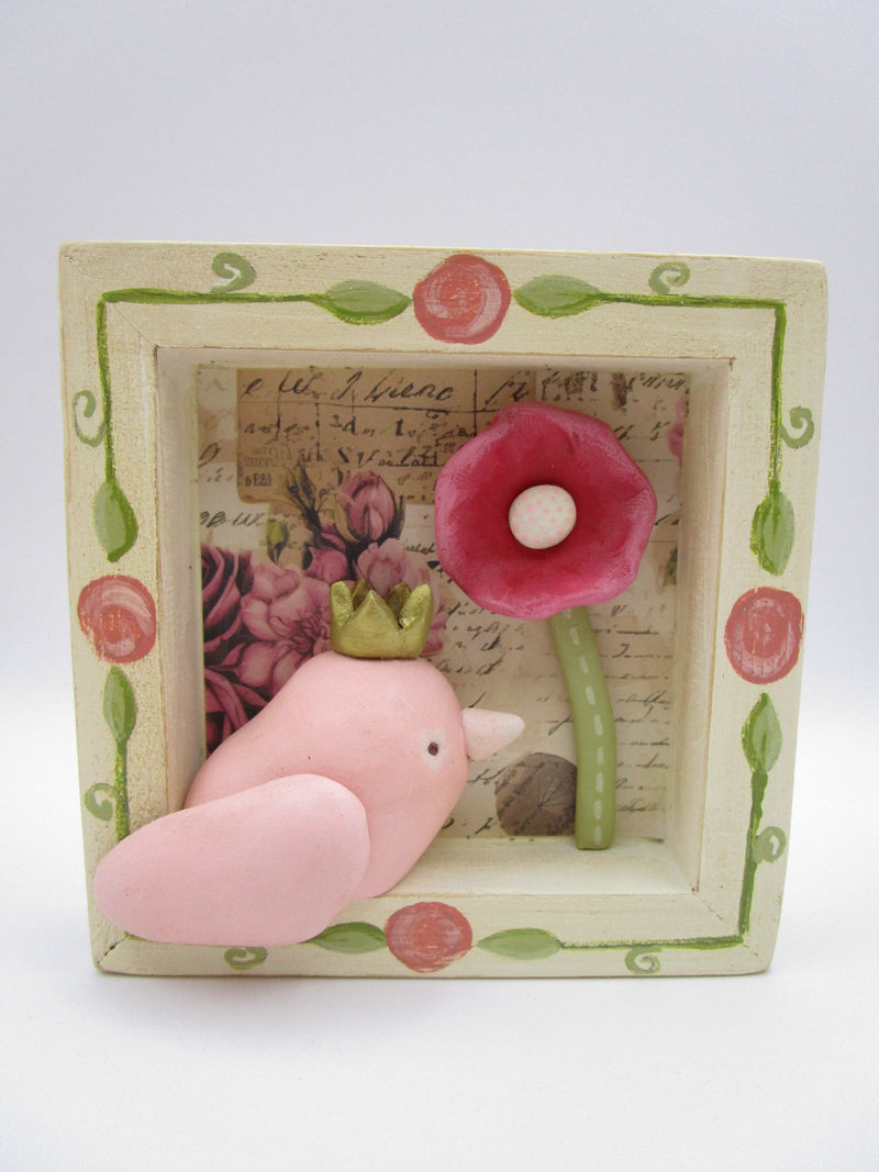 Spring folk art Easter folk art wood frame clay bird and flower pinks greens and cream