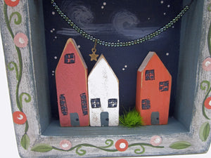 Spring folk art wood framed wall decor wood houses with string of beads and star charm