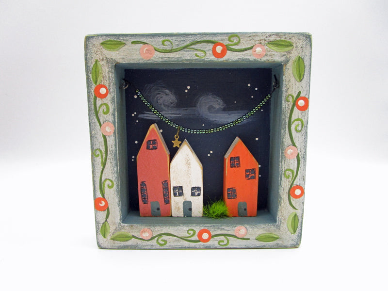 Spring folk art wood framed wall decor wood houses with string of beads and star charm