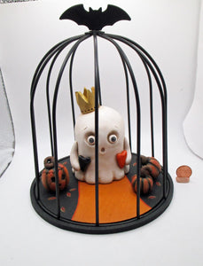 Halloween centerpiece caged ghost with crown with pumpkins cute scene