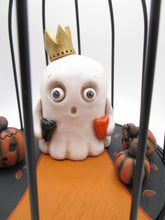 Halloween centerpiece caged ghost with crown with pumpkins cute scene