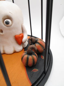 Halloween centerpiece caged ghost with crown with pumpkins cute scene