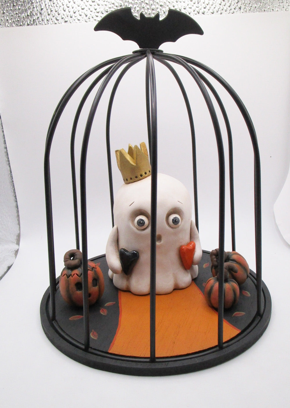 Halloween centerpiece caged ghost with crown with pumpkins cute scene