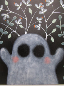 Halloween blushing ghost and floral painting 6 x 6