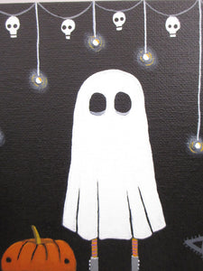 Halloween painting 6x6 original acrylic ghost and pumpkins