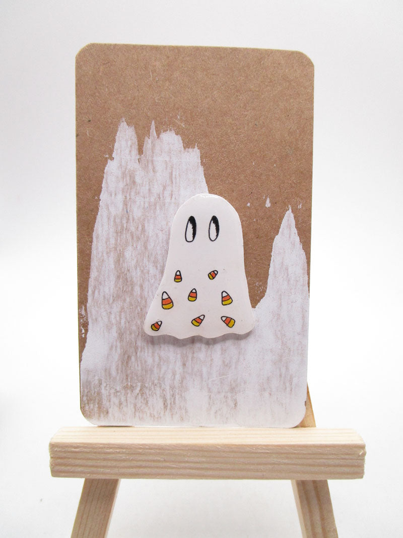 Halloween ghost pin with candy corn design black white resin ready to wear