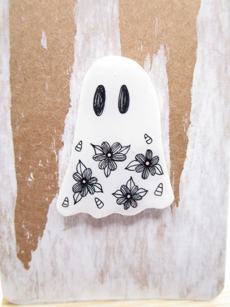 Halloween ghost pin with floral and candy corn design black white resin ready to wear