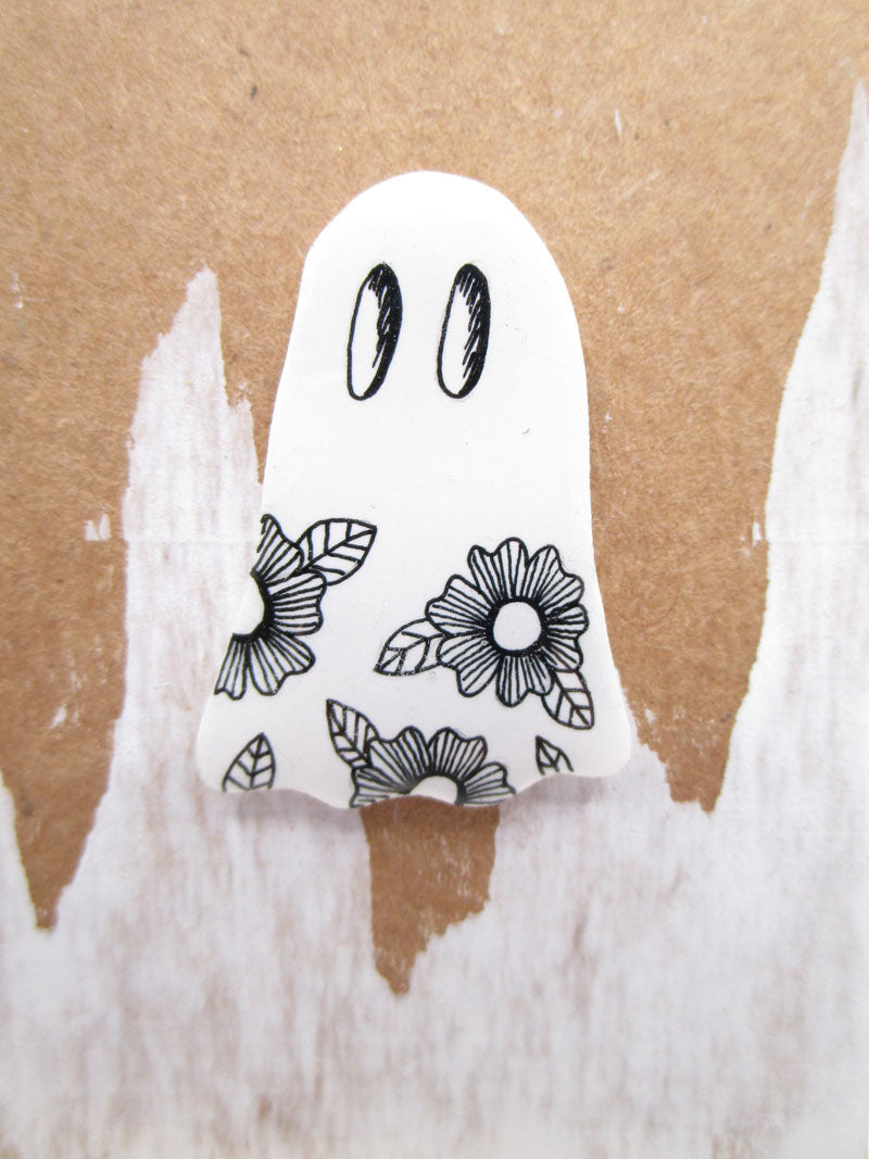 Halloween ghost pin with floral design black white resin ready to wear