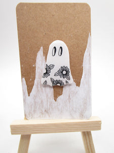 Halloween ghost pin with floral design black white resin ready to wear