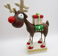 Christmas folk art REINDEER carrying gift - one of a kind, signed