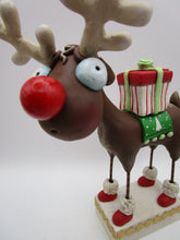 Christmas folk art REINDEER carrying gift - one of a kind, signed