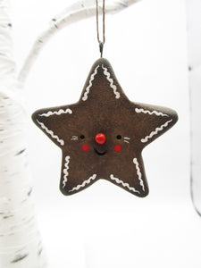 Christmas folk art gingerbread star ORNAMENT with rosy cheeks