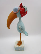 Summer folk art BIRD with red head "scarf" and huge beak